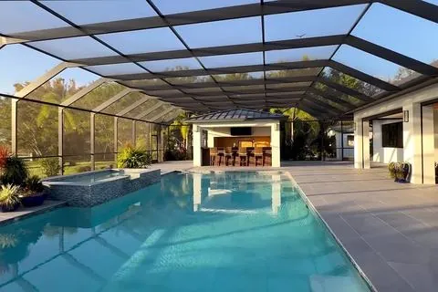 Golden-hour pool from a cinematic walkthrough